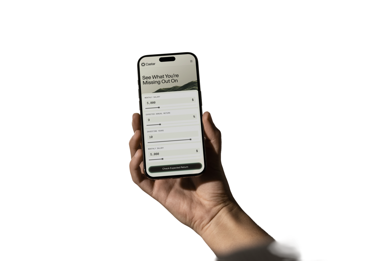 Hand holding a phone running the Castar app